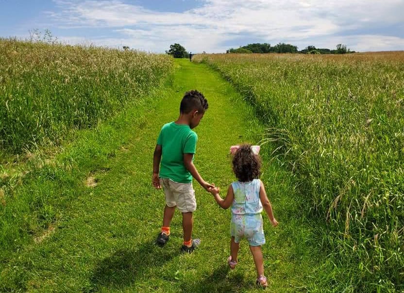 a little boy and girl holding hands walking through a trail in the middle of a grassland on a sunny summer day