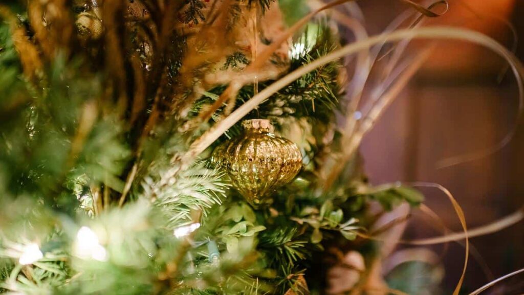 A gold ornament nestled among green branches of a tree.