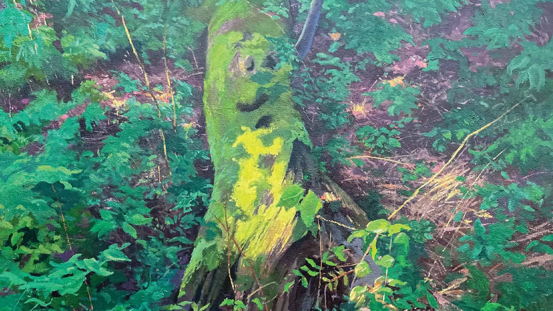 A painting of a sycamore tree in a forest by Gregory Blue.|