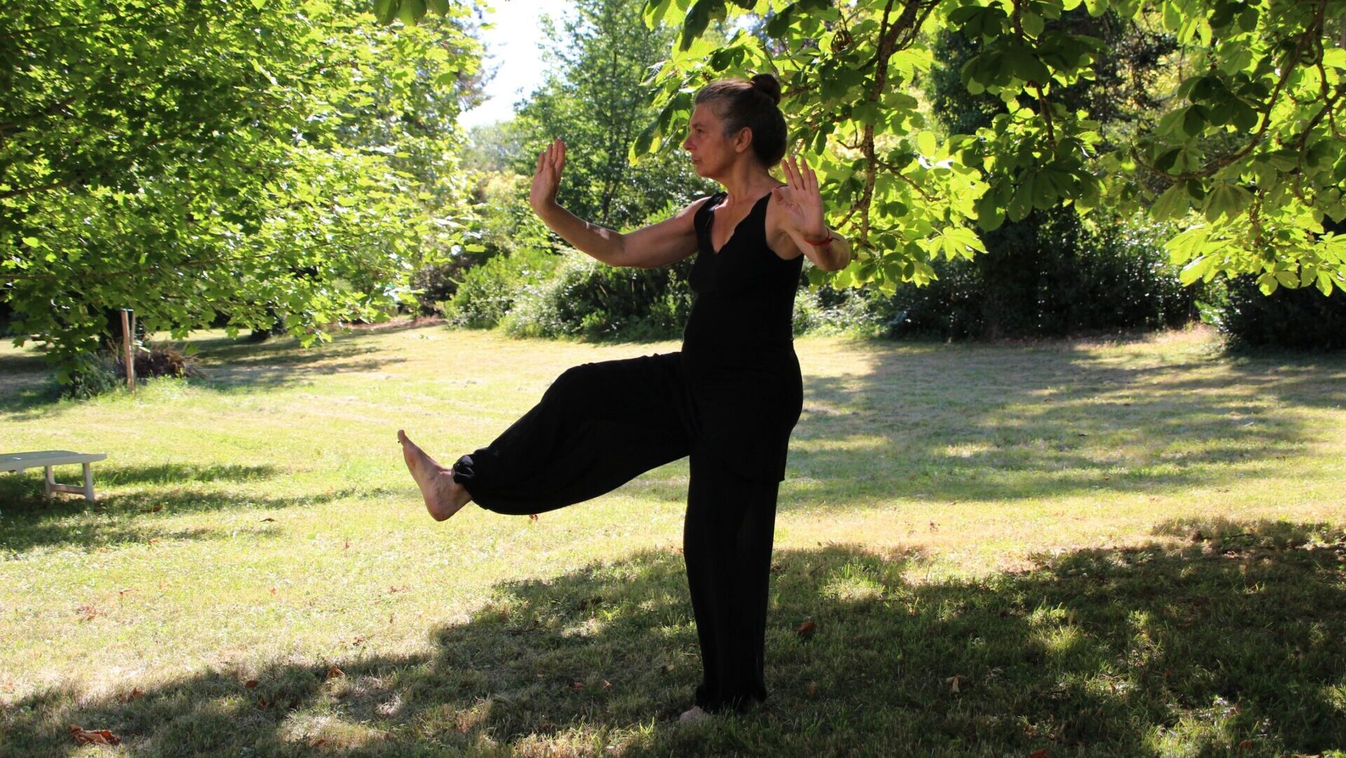 woman in black sleeveless dress standing under green tree during daytime
