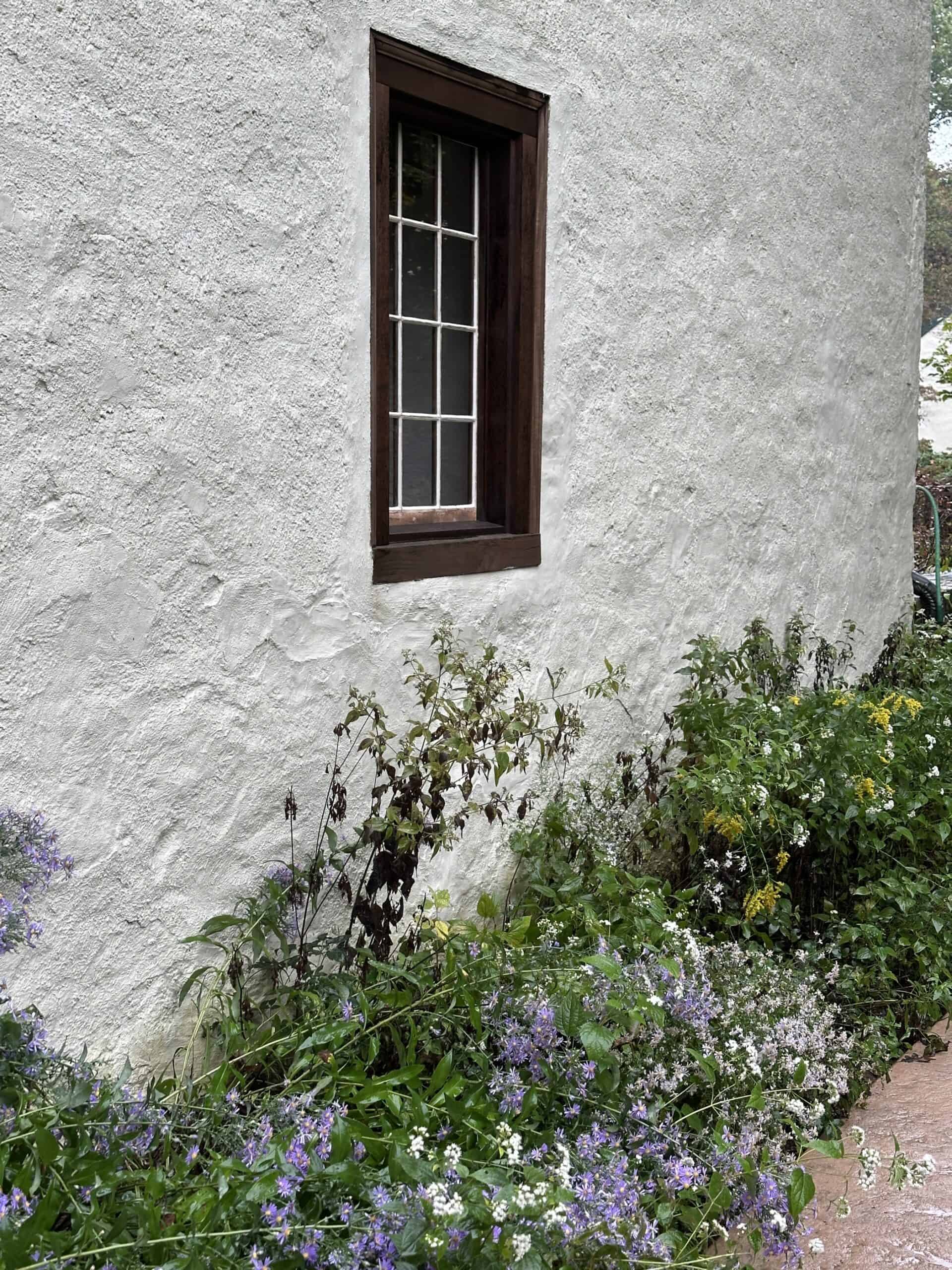 Wooden window in a stucco stone wall with purple flowers growing.