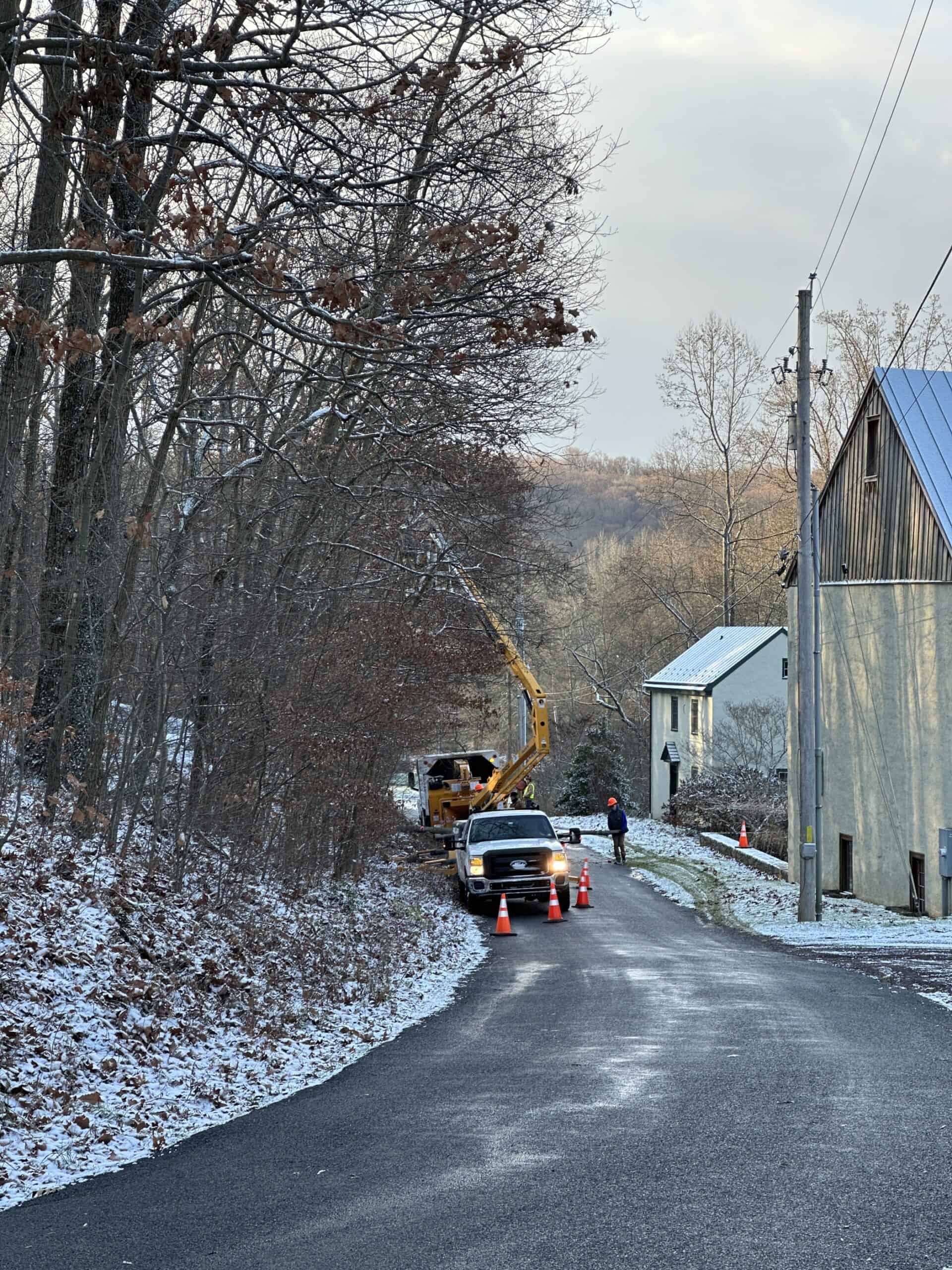Hazard tree work being done from a bucket lift along a snowy road