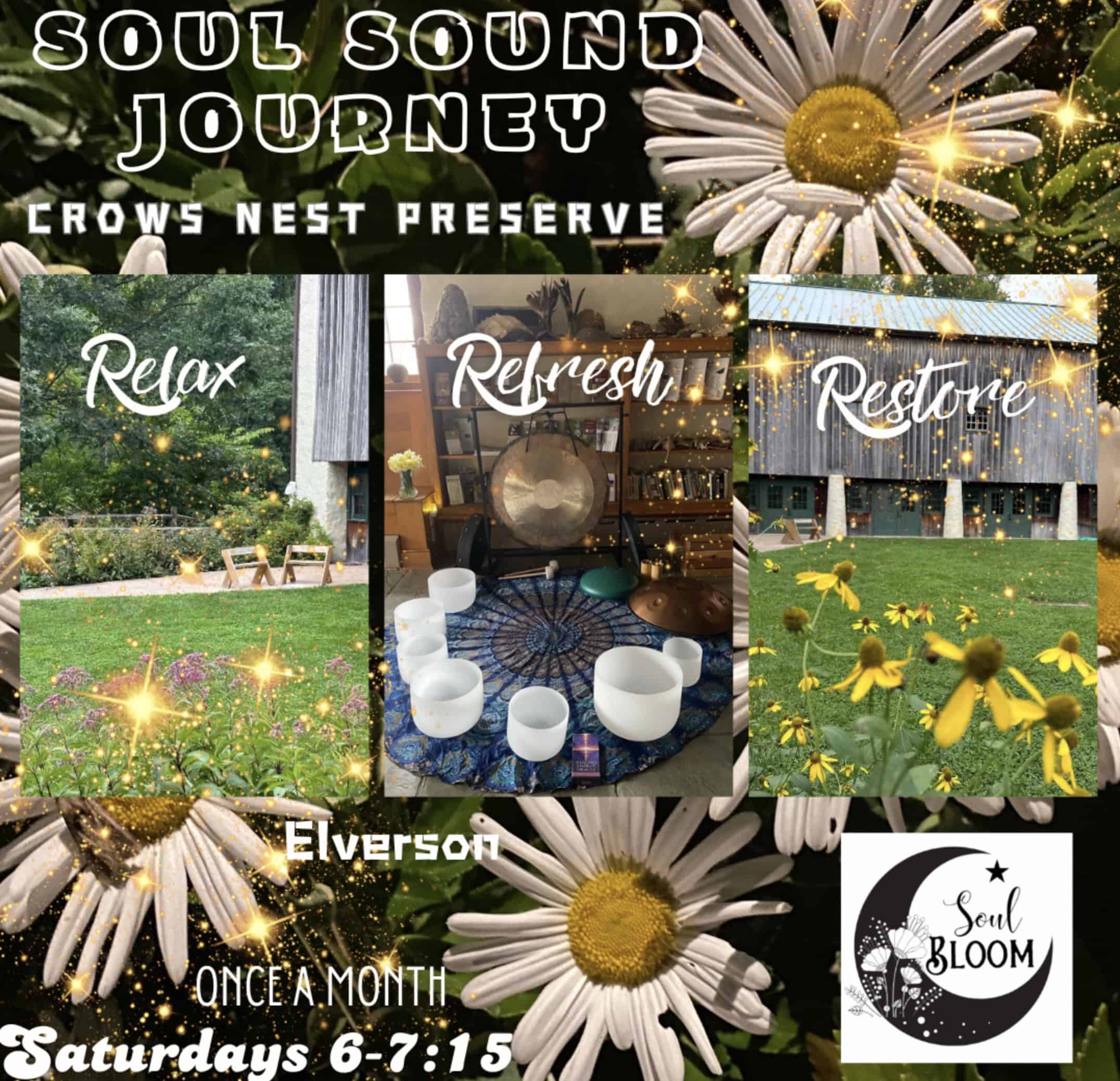 Poster about Sound Meditation sessions at Crow's Nest Preserve with flowers and event setting photos