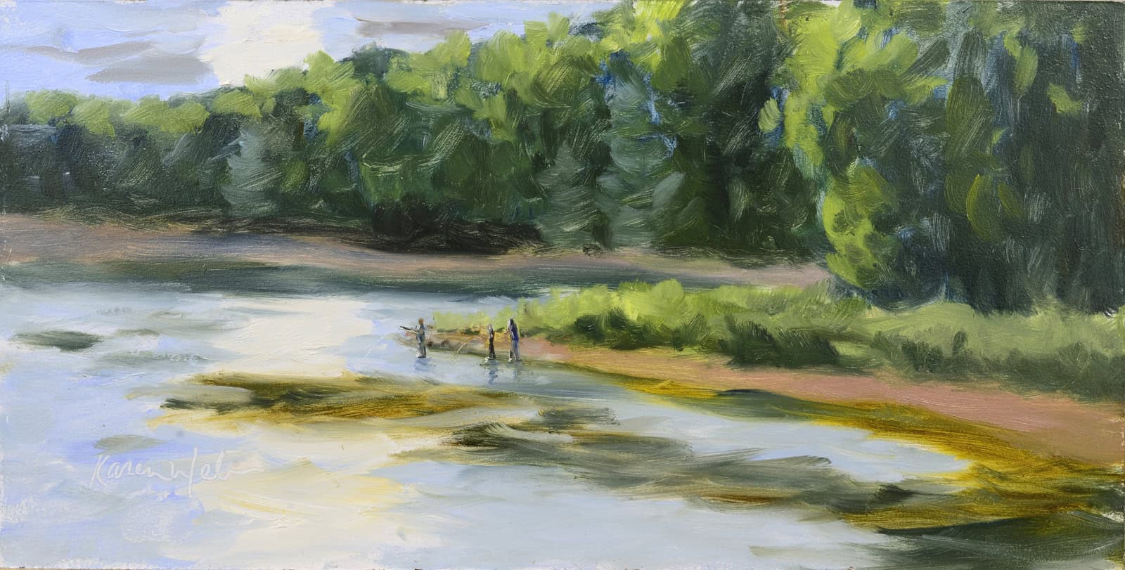 oil painting by Karen Weber of figures fishing in Trout Run