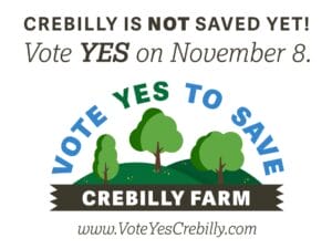 A yard sign design for the Save Crebilly Campaign that reads, "Crebilly is not saved yet! Vote YES on November 8."