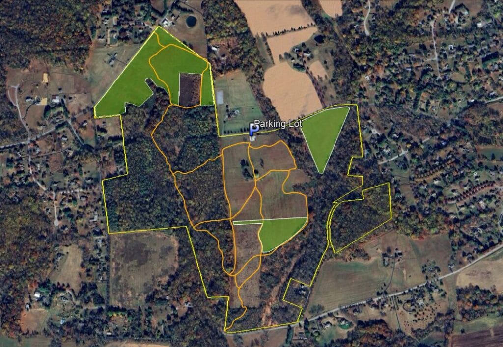 map of Peacedale Preserve with tree planting locations in green