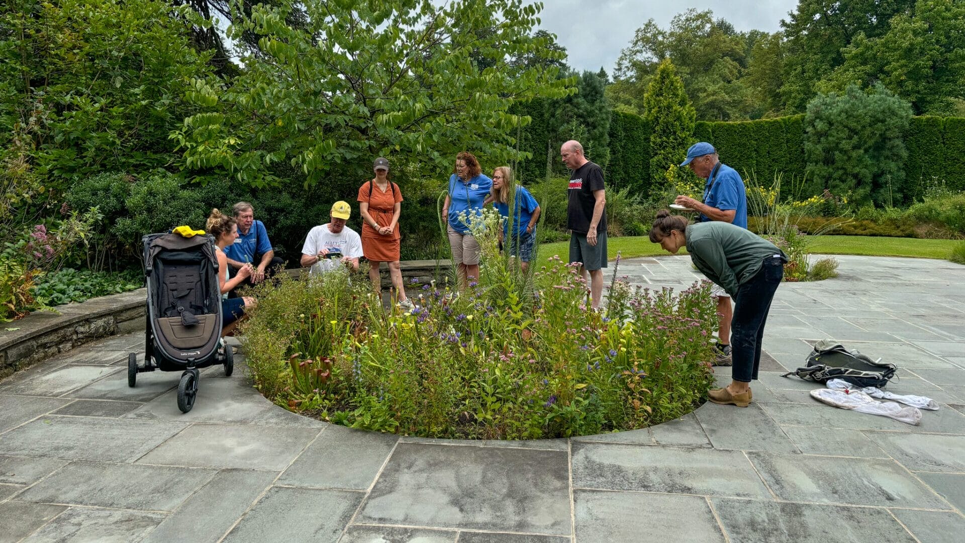 a group of people on a patio looking at a circular garden bed.