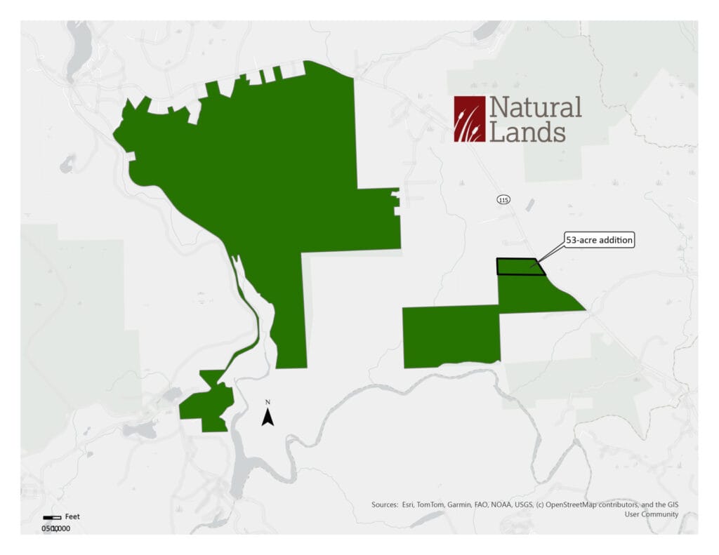 map showing a nature preserve property in green on a grey background, with Natural Lands logo