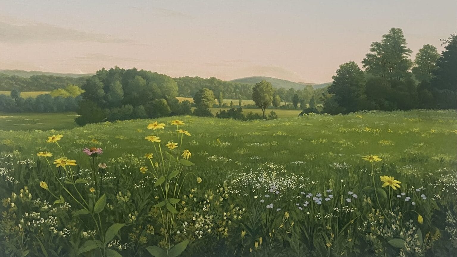 an oil painting of a green meadow with some flowers, a few trees, and rolling hills