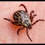 close up of American dog tick on fingertip