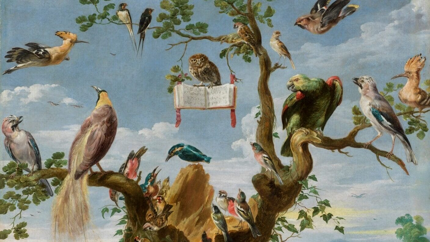 artwork depicting birds surrounding a tree in a concert formation