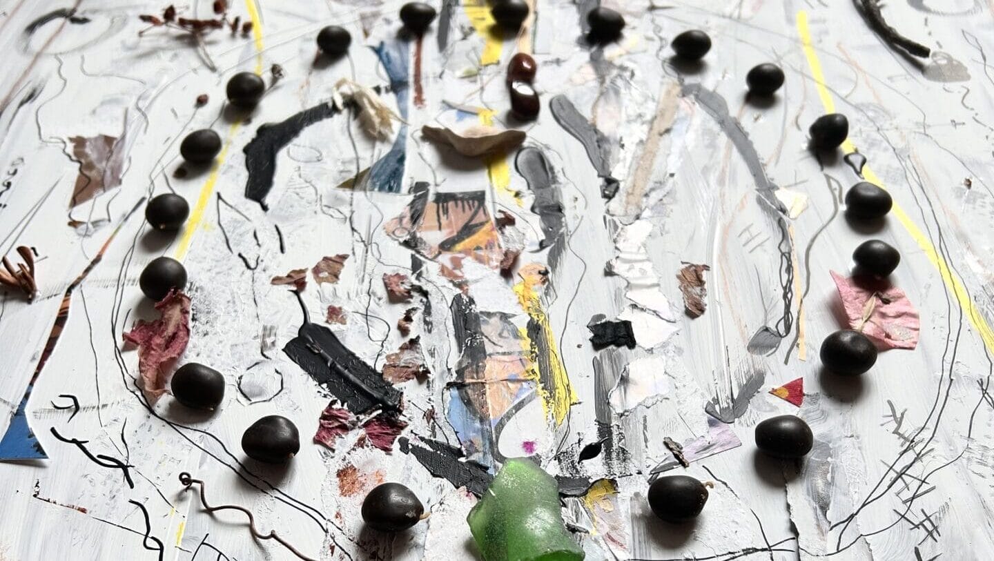 abstract art with various objects and mediums