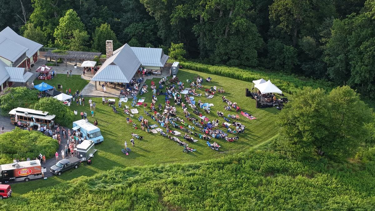 a drone image of people gathered in a field for a music concert