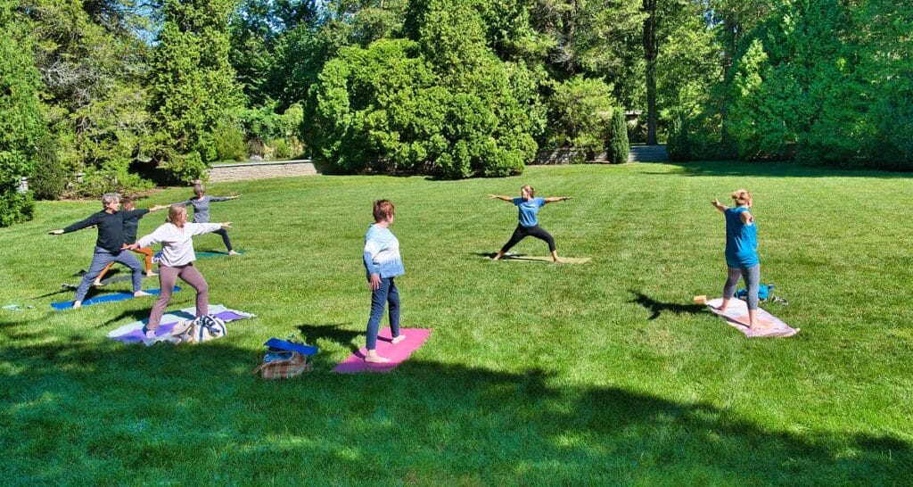 people doing yoga in the middle of a lush garden