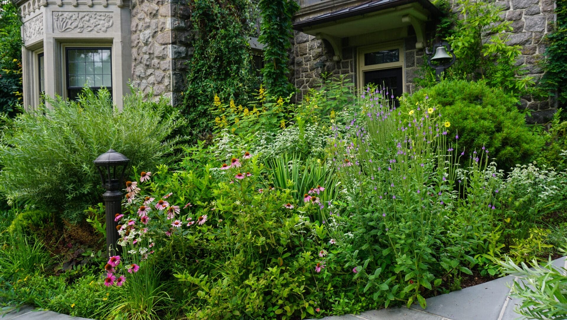 lush green garden with wildflowers in front of a stone building