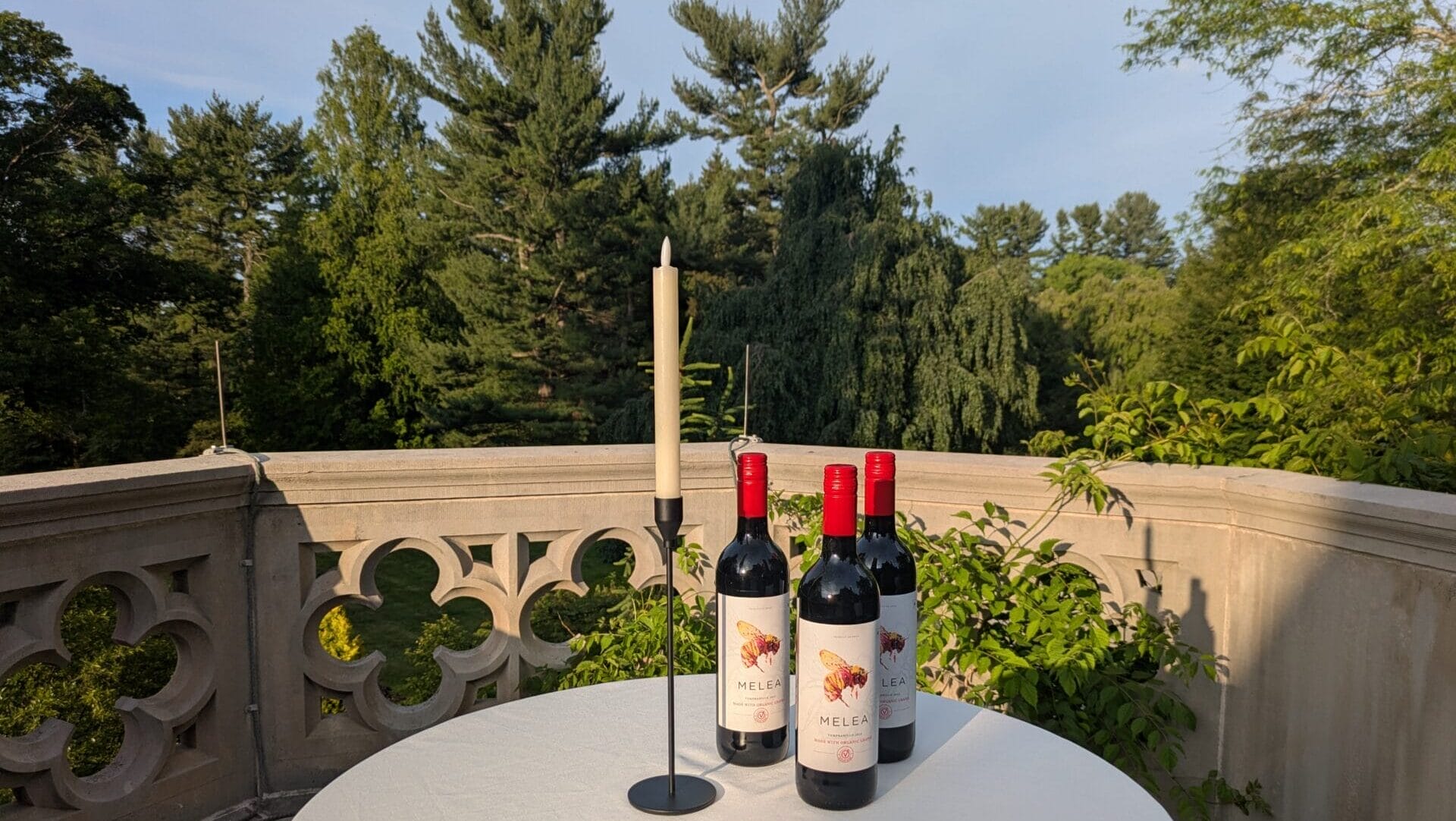 bottles of wine and a candle on a tale in a garden with trees in the background