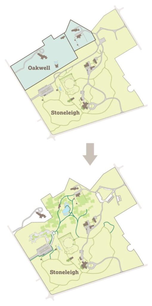 Maps of Stoneleigh before and after 10-acre Oakwell addition