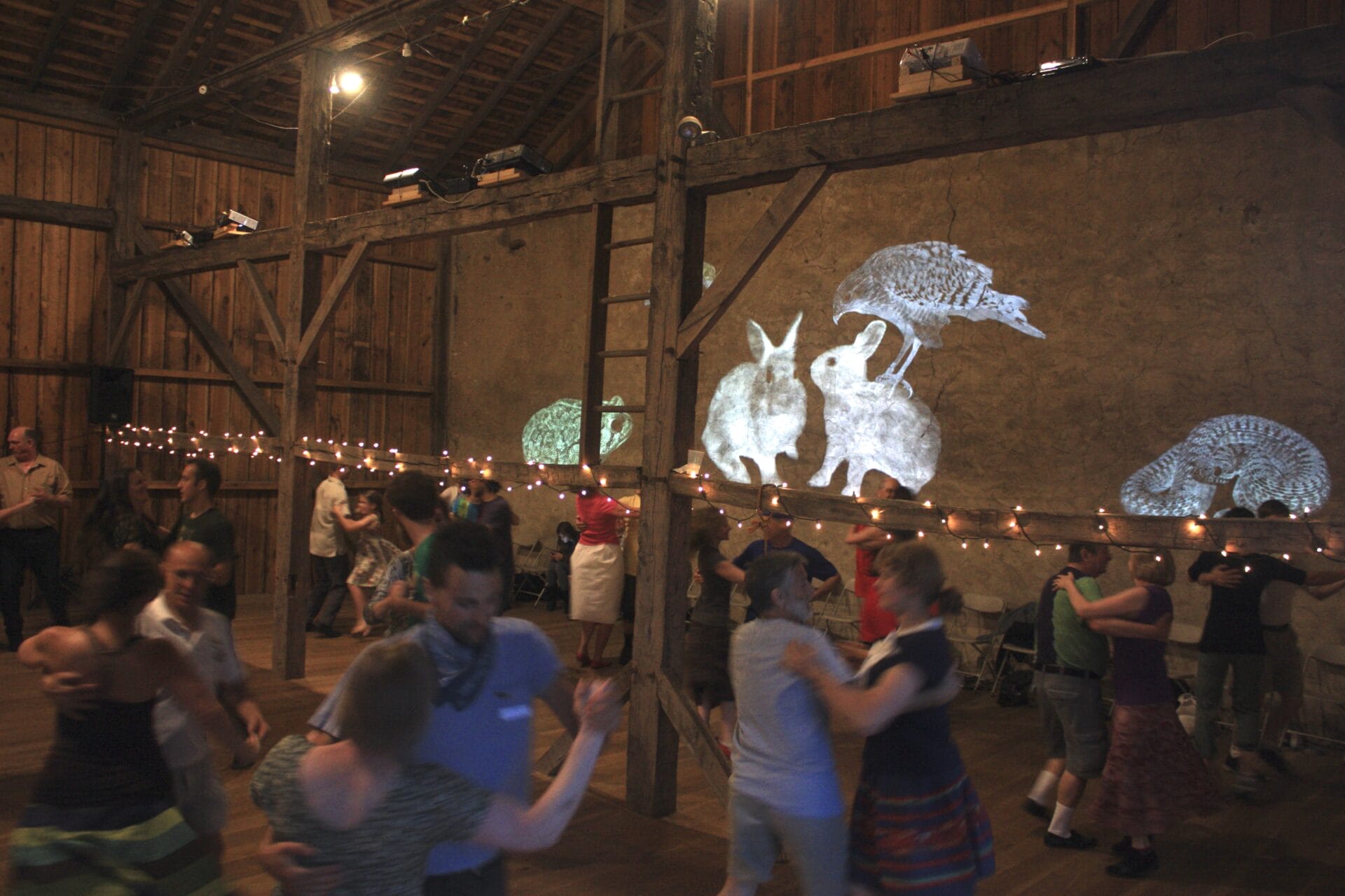 Art installation projected on barn wall behind contra dancers